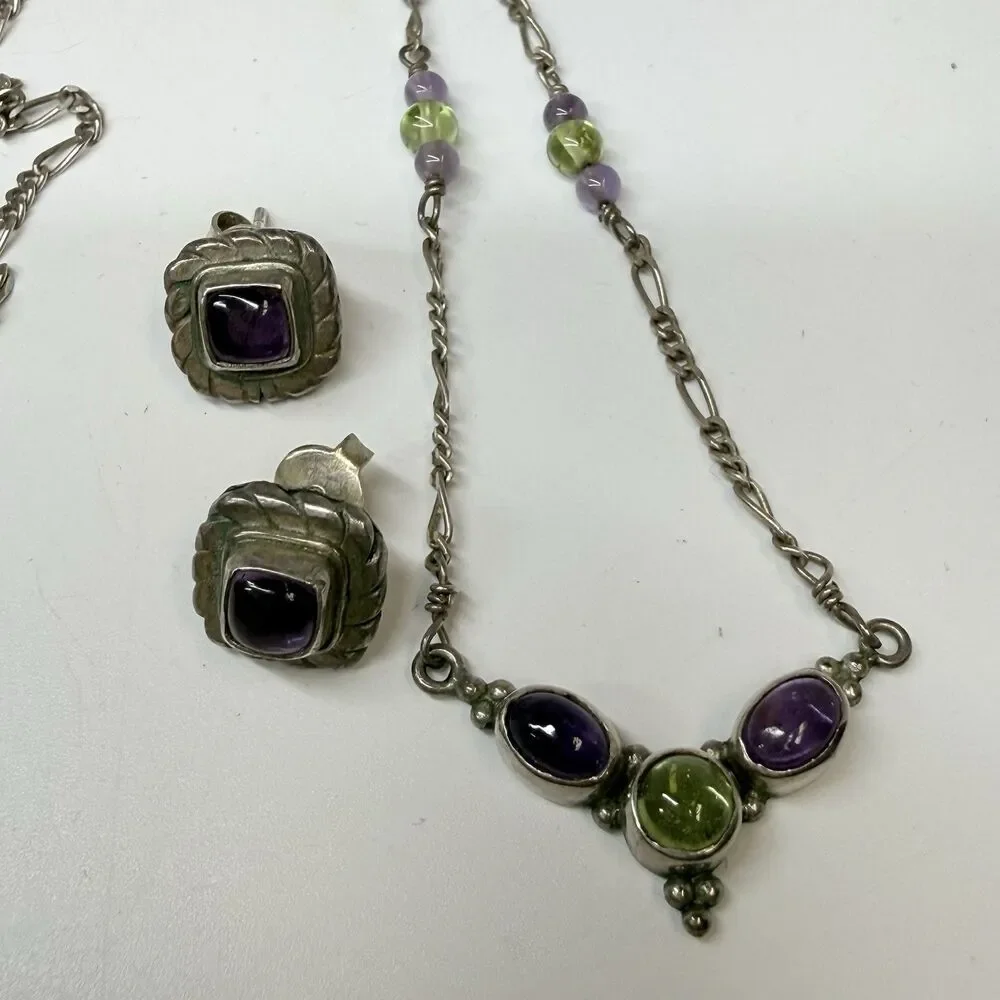 Sterling Silver Amethyst Peridot Pendant Necklace & Matching Stud Earring Set